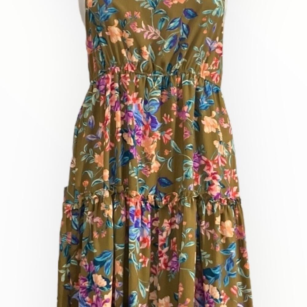 Mine Women’s Olive Floral Halter Flowy Open Back Midi Sun Dress Boho Charm SZ S - Picture 5 of 8